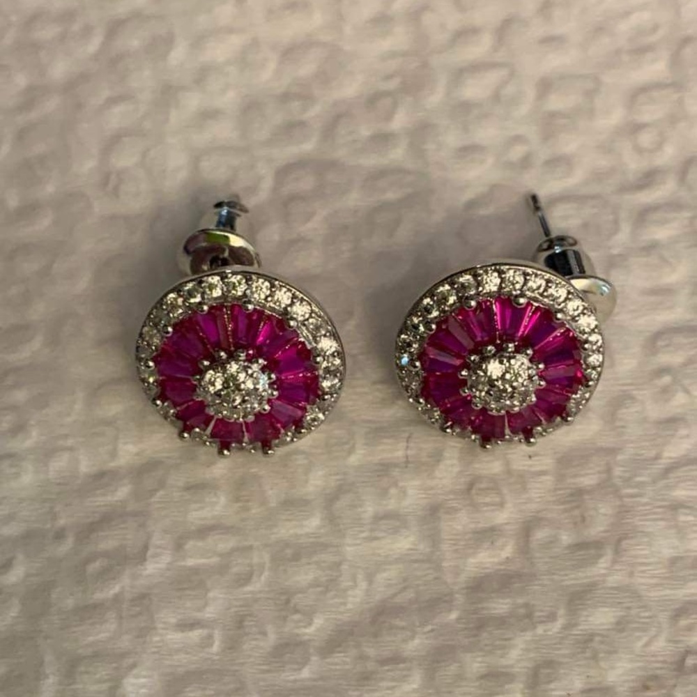 Earrings round Cz Ruby stones and white Cz sterling silver 925 jewelry